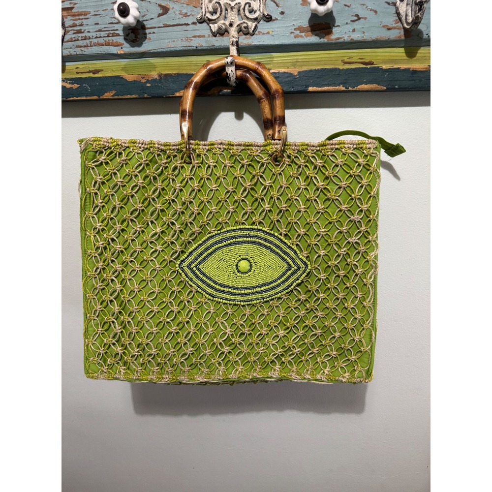 Boho Lime Green Macrame Evil Eye Tote Bag with Bamboo Handles Beaded Summer Bag